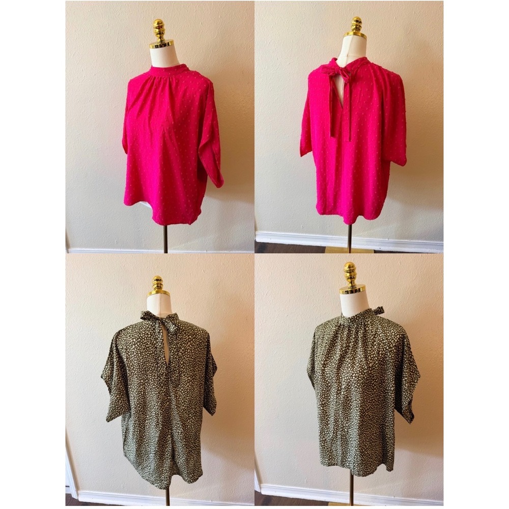 BlouseTop Bundle L Pink Swiss Dot Green Mock Neck Tie Back Career Work Business